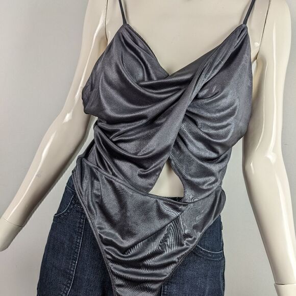 Lush Body suit, metallic grey cowl neck, cut out front wrap tank top size medium - Picture 3 of 5